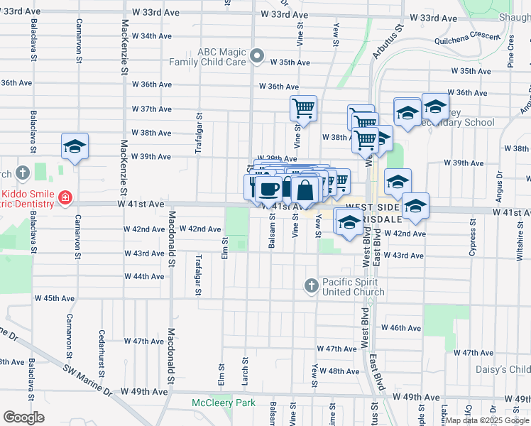 map of restaurants, bars, coffee shops, grocery stores, and more near 5723 Balsam Street in Vancouver