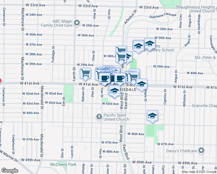 map of restaurants, bars, coffee shops, grocery stores, and more near in Vancouver