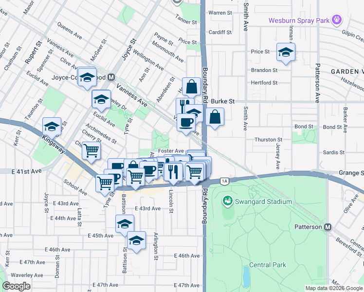 map of restaurants, bars, coffee shops, grocery stores, and more near in Vancouver