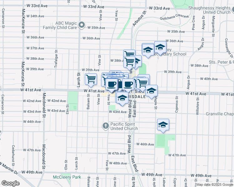 map of restaurants, bars, coffee shops, grocery stores, and more near in Vancouver