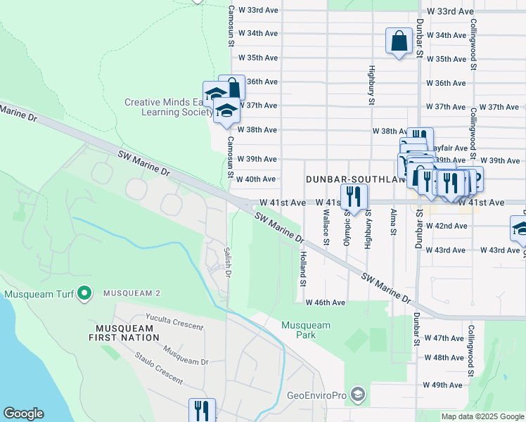 map of restaurants, bars, coffee shops, grocery stores, and more near 4085 Southwest Marine Drive in Vancouver