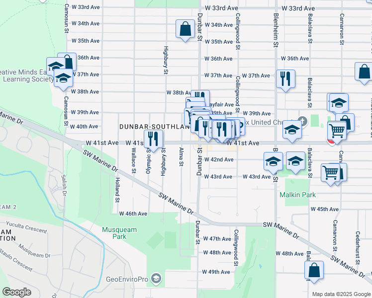 map of restaurants, bars, coffee shops, grocery stores, and more near 5718 Alma Street in Vancouver