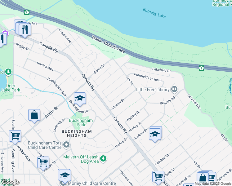 map of restaurants, bars, coffee shops, grocery stores, and more near 7790 Allman Street in Burnaby