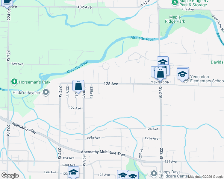 map of restaurants, bars, coffee shops, grocery stores, and more near 22948 128 Avenue in Maple Ridge