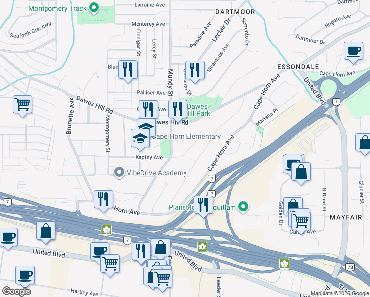 map of restaurants, bars, coffee shops, grocery stores, and more near 2225 Kaptey Avenue in Coquitlam
