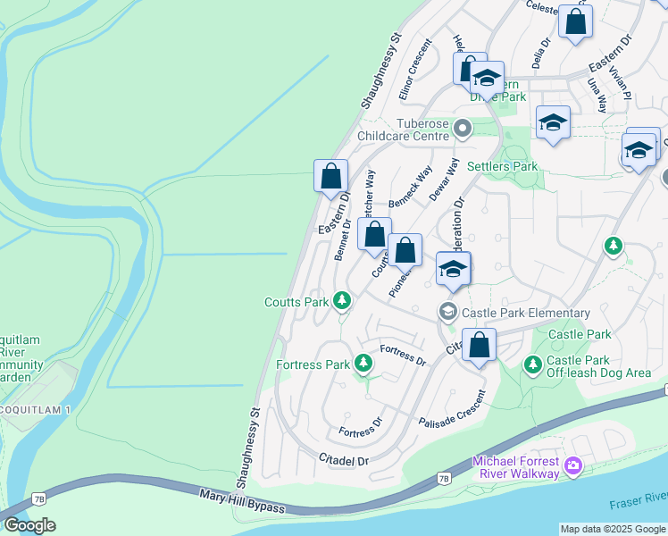 map of restaurants, bars, coffee shops, grocery stores, and more near 1137 Bennet Drive in Port Coquitlam