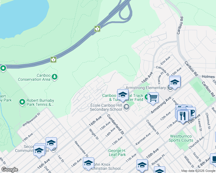 map of restaurants, bars, coffee shops, grocery stores, and more near 7500 Cumberland Street in Burnaby