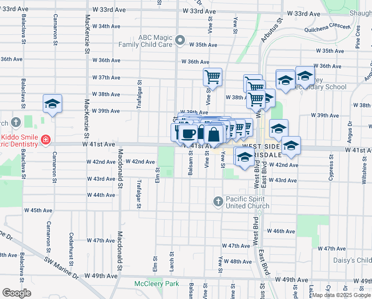 map of restaurants, bars, coffee shops, grocery stores, and more near in Vancouver