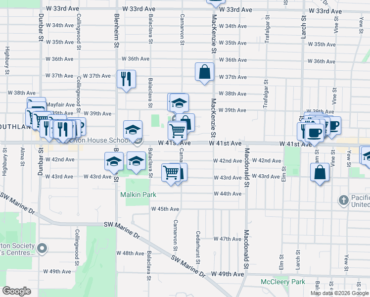 map of restaurants, bars, coffee shops, grocery stores, and more near 5730 Carnarvon Street in Vancouver