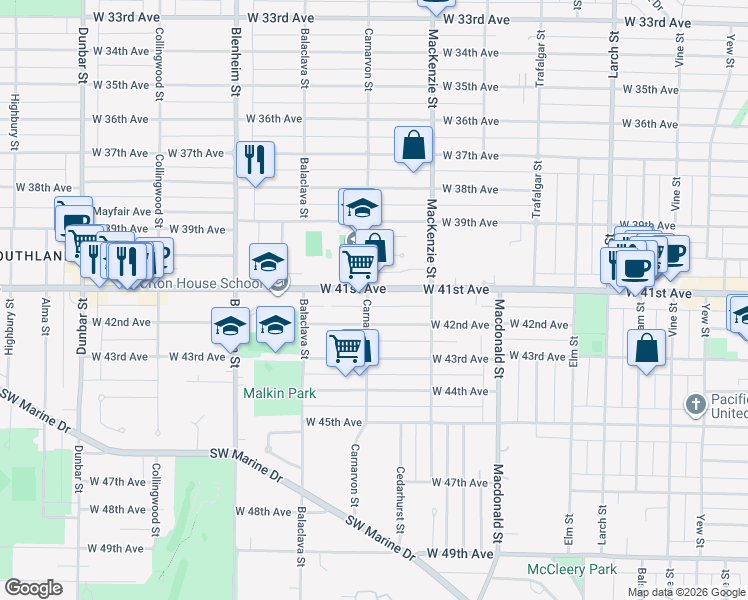 map of restaurants, bars, coffee shops, grocery stores, and more near 5730 Carnarvon Street in Vancouver