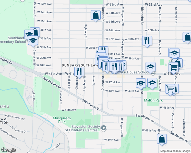 map of restaurants, bars, coffee shops, grocery stores, and more near in Vancouver