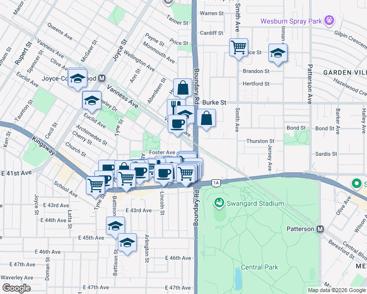 map of restaurants, bars, coffee shops, grocery stores, and more near 5470 Ormidale Street in Vancouver