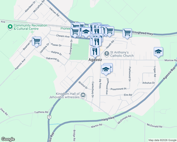 map of restaurants, bars, coffee shops, grocery stores, and more near 1636 Agassiz-Rosedale Highway in Agassiz