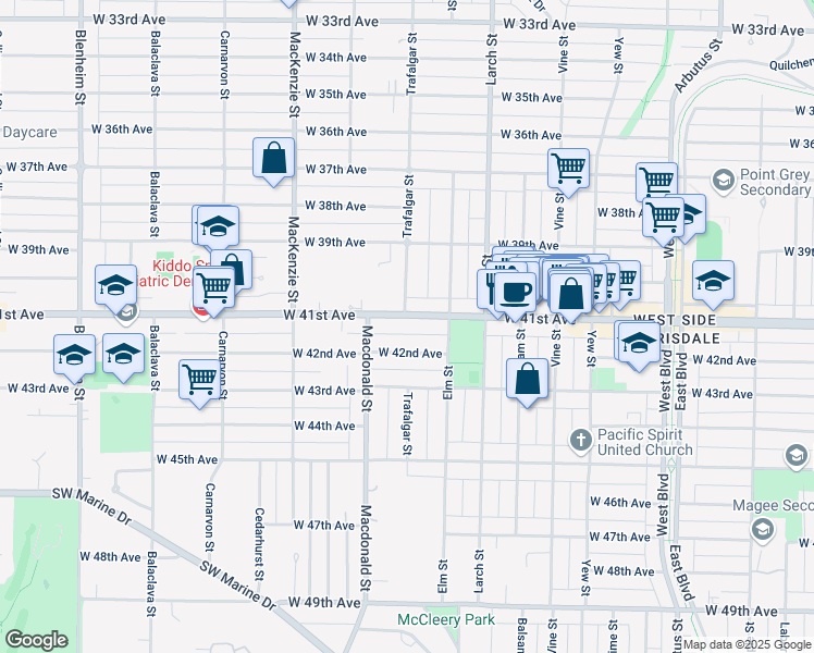 map of restaurants, bars, coffee shops, grocery stores, and more near 2706 West 41st Avenue in Vancouver