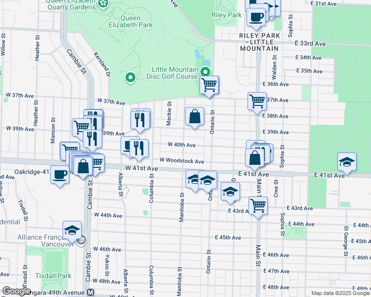 map of restaurants, bars, coffee shops, grocery stores, and more near 96 West 40th Avenue in Vancouver