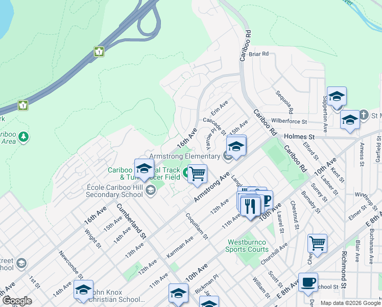 map of restaurants, bars, coffee shops, grocery stores, and more near 7609 Coldicutt Street in Burnaby