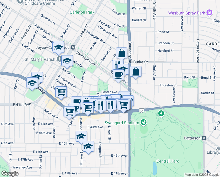 map of restaurants, bars, coffee shops, grocery stores, and more near 3551 Foster Avenue in Vancouver