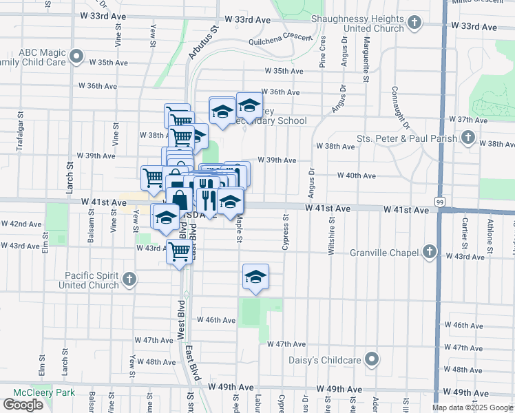 map of restaurants, bars, coffee shops, grocery stores, and more near West 41st Avenue in Vancouver