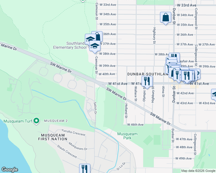 map of restaurants, bars, coffee shops, grocery stores, and more near 4087 Southwest Marine Drive in Vancouver