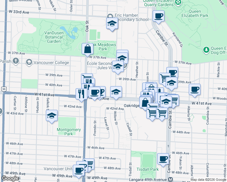 map of restaurants, bars, coffee shops, grocery stores, and more near 5635 Willow Street in Vancouver