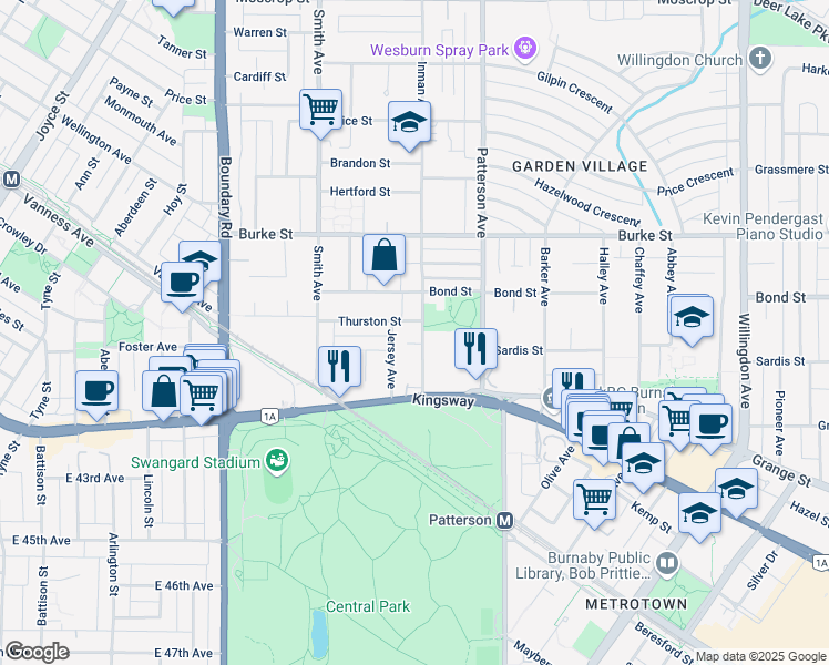 map of restaurants, bars, coffee shops, grocery stores, and more near 5565 Inman Avenue in Burnaby