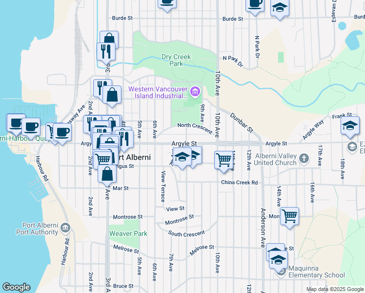 map of restaurants, bars, coffee shops, grocery stores, and more near 4506 Argyle Street in Port Alberni