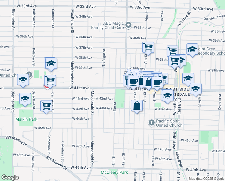 map of restaurants, bars, coffee shops, grocery stores, and more near 2626 West 41st Avenue in Vancouver