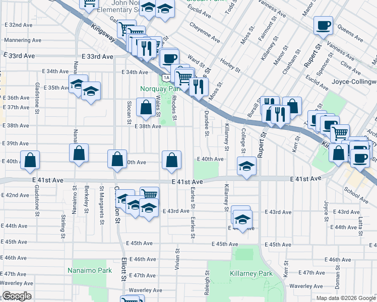 map of restaurants, bars, coffee shops, grocery stores, and more near 5525 Earles Street in Vancouver