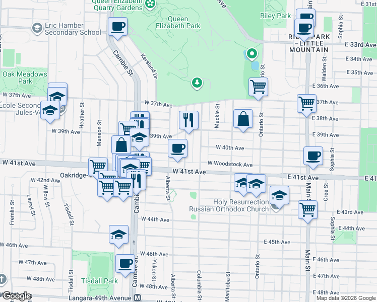 map of restaurants, bars, coffee shops, grocery stores, and more near 5626 Elizabeth Street in Vancouver