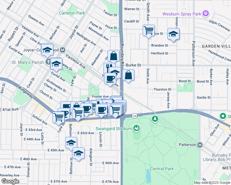 map of restaurants, bars, coffee shops, grocery stores, and more near in Vancouver