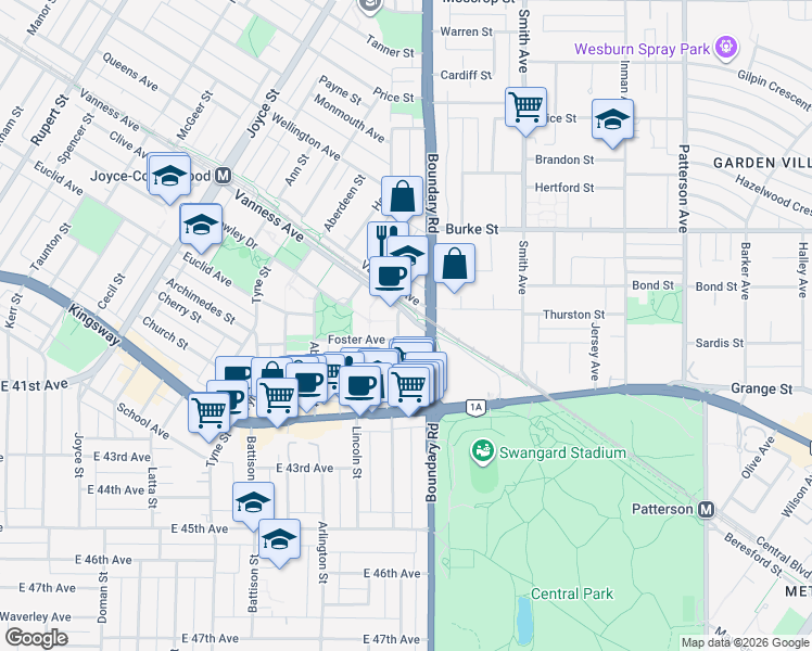 map of restaurants, bars, coffee shops, grocery stores, and more near in Vancouver