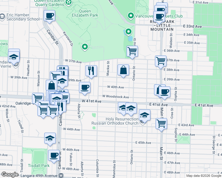map of restaurants, bars, coffee shops, grocery stores, and more near 134 West 40th Avenue in Vancouver