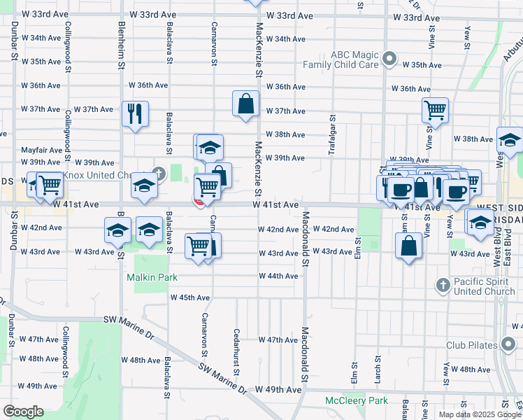 map of restaurants, bars, coffee shops, grocery stores, and more near 2896 West 41st Avenue in Vancouver