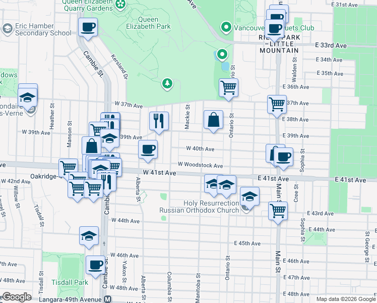 map of restaurants, bars, coffee shops, grocery stores, and more near 146 West 40th Avenue in Vancouver