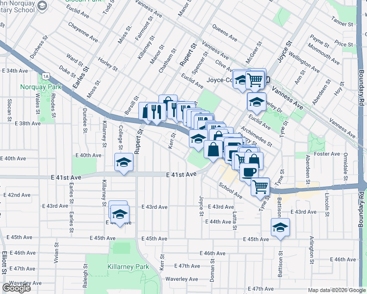 map of restaurants, bars, coffee shops, grocery stores, and more near 3160 Ivanhoe Street in Vancouver