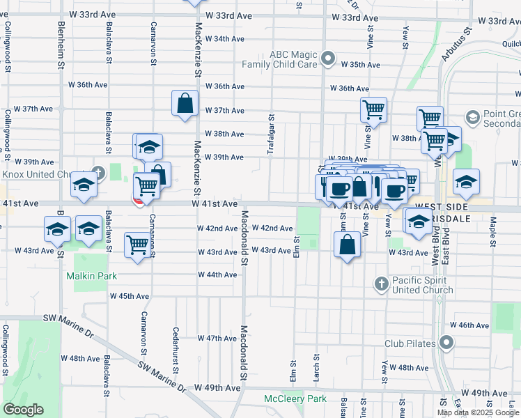 map of restaurants, bars, coffee shops, grocery stores, and more near 2746 West 41st Avenue in Vancouver