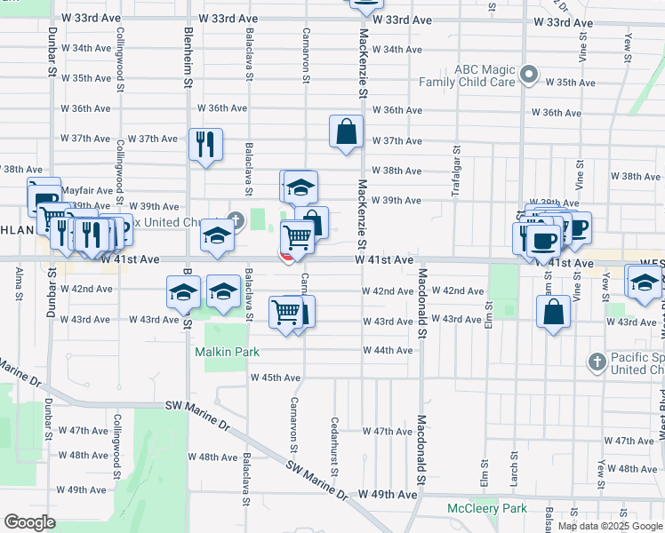 map of restaurants, bars, coffee shops, grocery stores, and more near 2950 West 41st Avenue in Vancouver