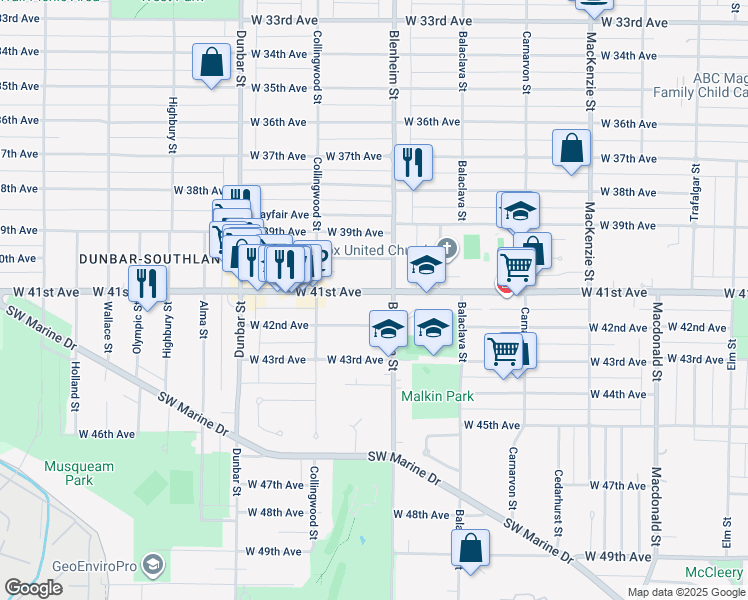 map of restaurants, bars, coffee shops, grocery stores, and more near 3330 West 41st Avenue in Vancouver