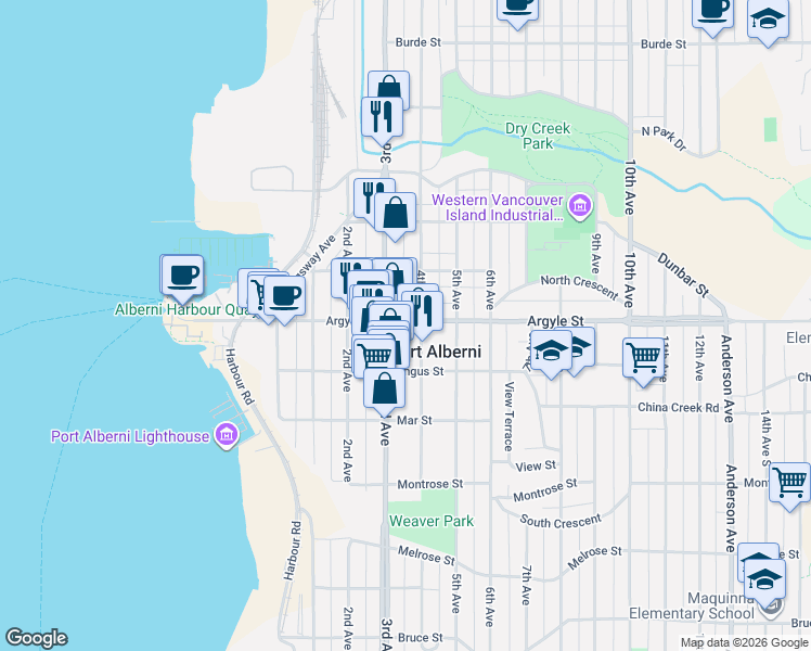 map of restaurants, bars, coffee shops, grocery stores, and more near 4920 Argyle Street in Port Alberni