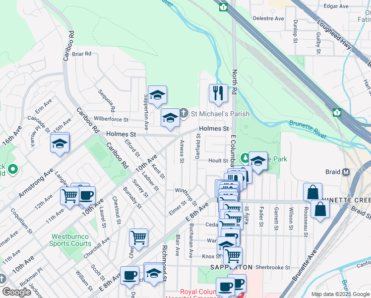 map of restaurants, bars, coffee shops, grocery stores, and more near 548 Amess Street in New Westminster