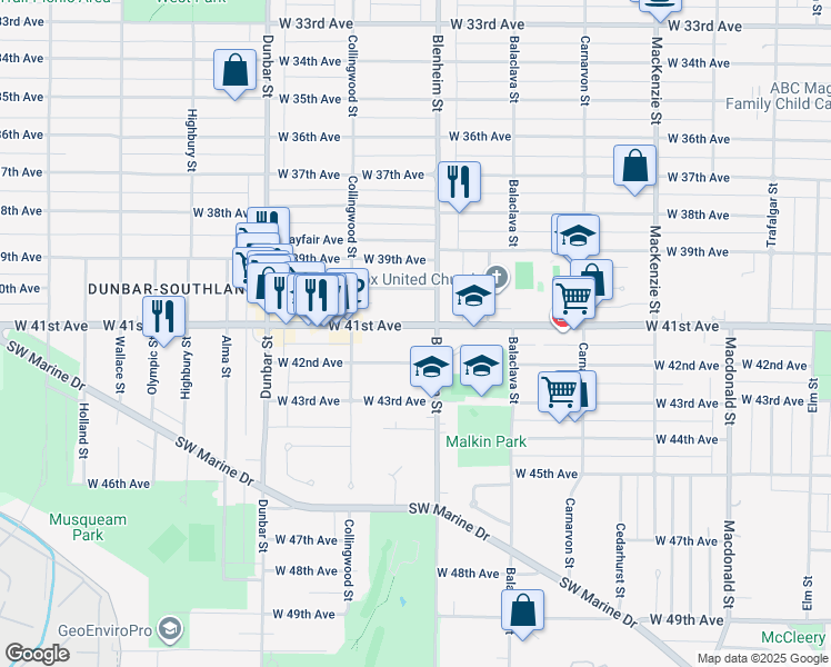 map of restaurants, bars, coffee shops, grocery stores, and more near in Vancouver