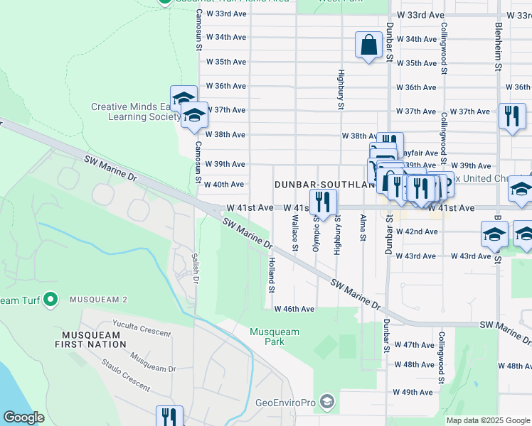 map of restaurants, bars, coffee shops, grocery stores, and more near 5725 Holland Street in Vancouver