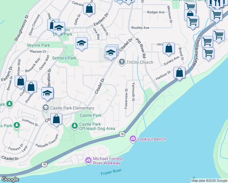 map of restaurants, bars, coffee shops, grocery stores, and more near 1167 Castle Crescent in Port Coquitlam