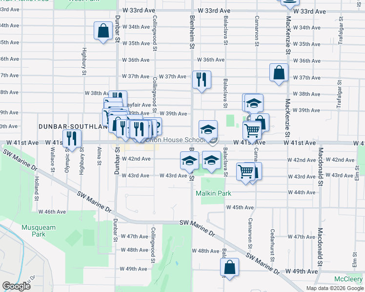map of restaurants, bars, coffee shops, grocery stores, and more near 3330 West 41st Avenue in Vancouver