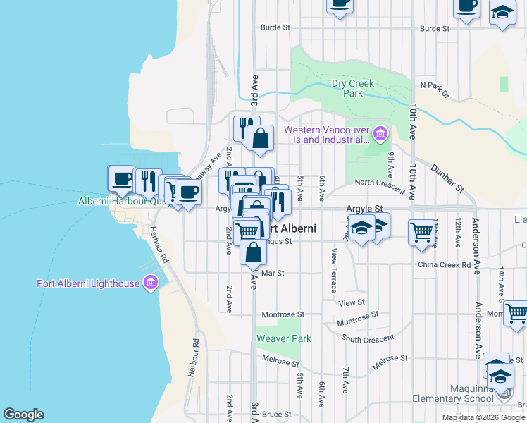 map of restaurants, bars, coffee shops, grocery stores, and more near 4936 Argyle Street in Port Alberni