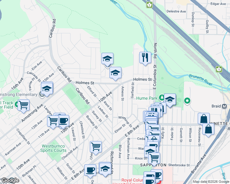 map of restaurants, bars, coffee shops, grocery stores, and more near 550 Richmond Street in New Westminster