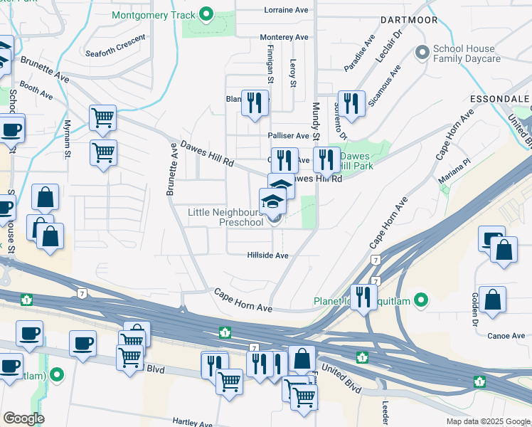 map of restaurants, bars, coffee shops, grocery stores, and more near 152 Finnigan Street in Coquitlam