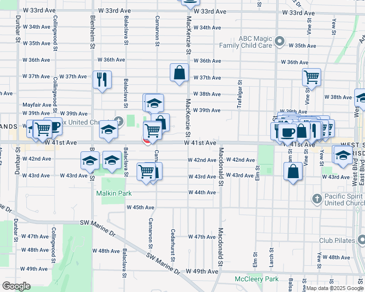 map of restaurants, bars, coffee shops, grocery stores, and more near 2910 West 41st Avenue in Vancouver
