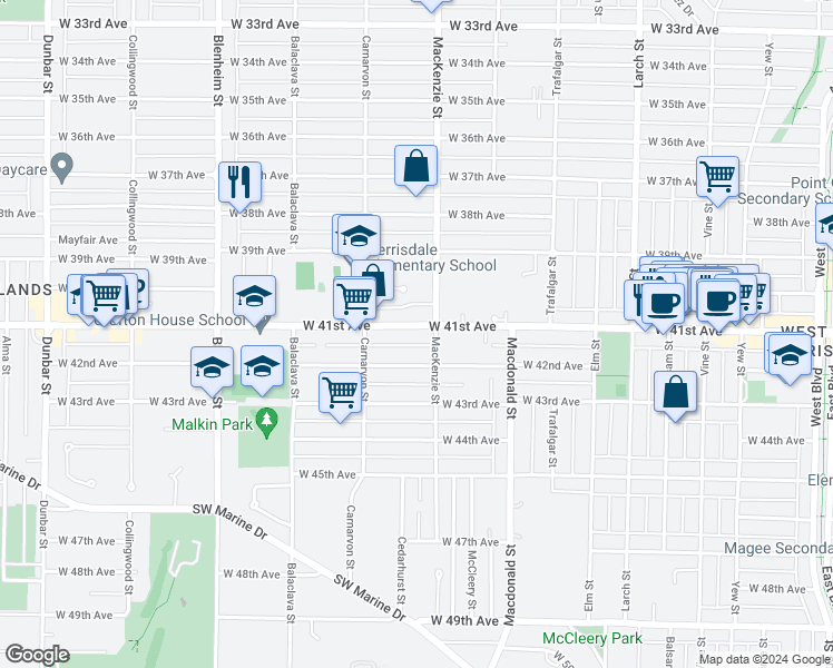 map of restaurants, bars, coffee shops, grocery stores, and more near 2922 West 41st Avenue in Vancouver