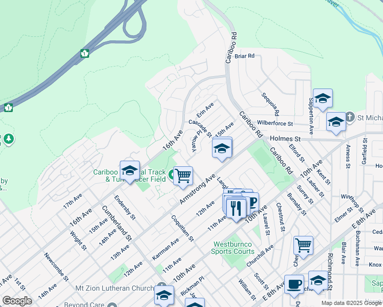 map of restaurants, bars, coffee shops, grocery stores, and more near 8707 Yarrow Place in Burnaby
